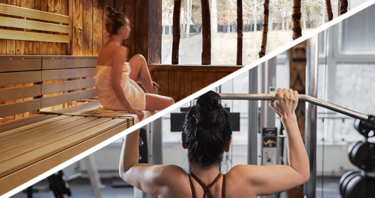 Kombi Fit Spa Produktbild. Geteiltes BIld zeigt einmal blonde Frau in der Sauna und einmal eine dunkelhaarige Frau beim Latziehen in der Therme Wien Fitness.