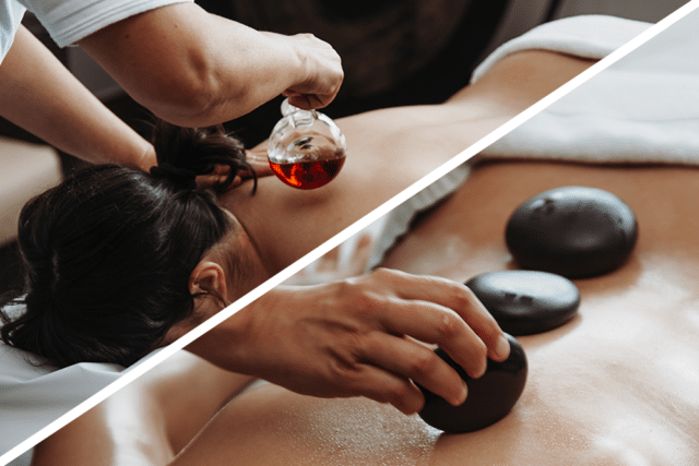 Geteiltes Bild zeigt die Massage einer Frau. Einmal mit Aromaoel und einmal mit Hot Stones.